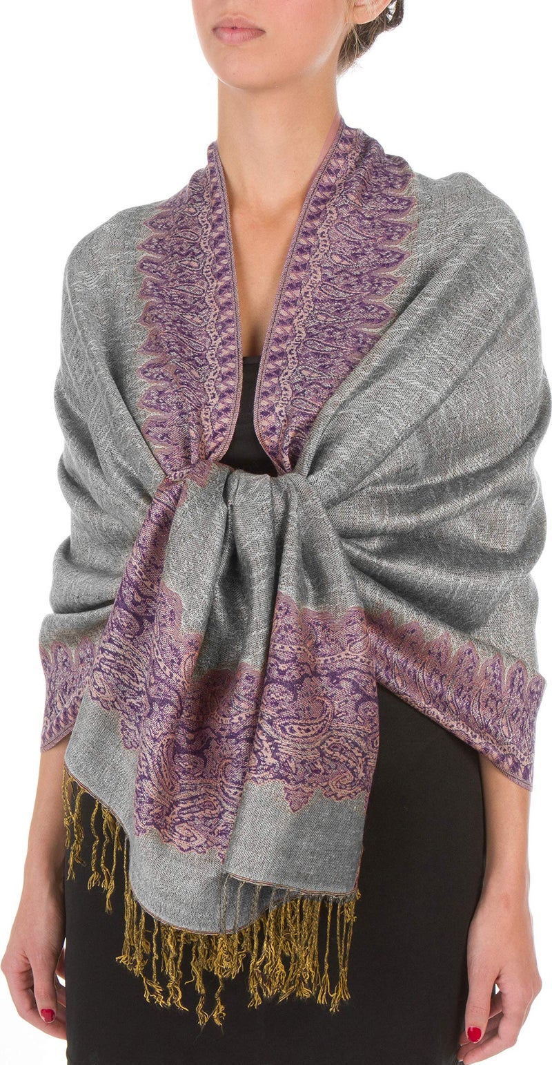 Sakkas Border Pattern Layered Reversible Woven Pashmina Shawl Scarf Wrap Stole - Black Ivory - Image 1